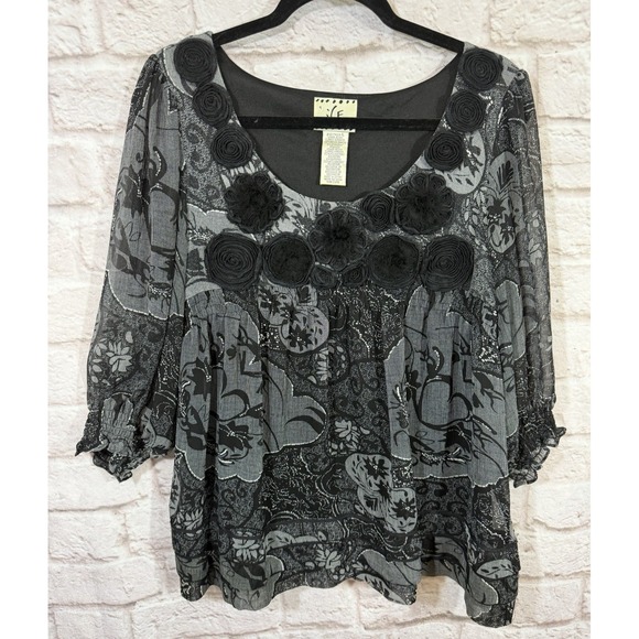Ice Tops - Vintage Black Babydoll Top Rosettes Floral Puff Sleeve Ruffle Dark Fairy Women L